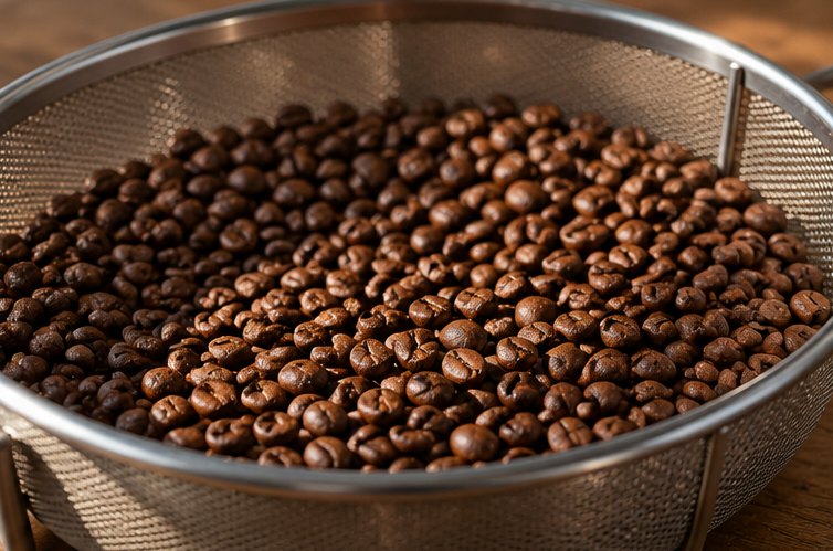Frisch geröstete Kaffeebohnen in einem runden Kühlsieb aus Metall
