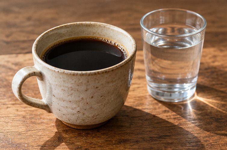 Keramiktasse mit schwarzem Kaffee neben einem Glas Wasser