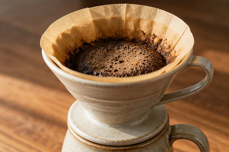 Handfilter aus Keramik mit Papierfilter auf einer Tasse