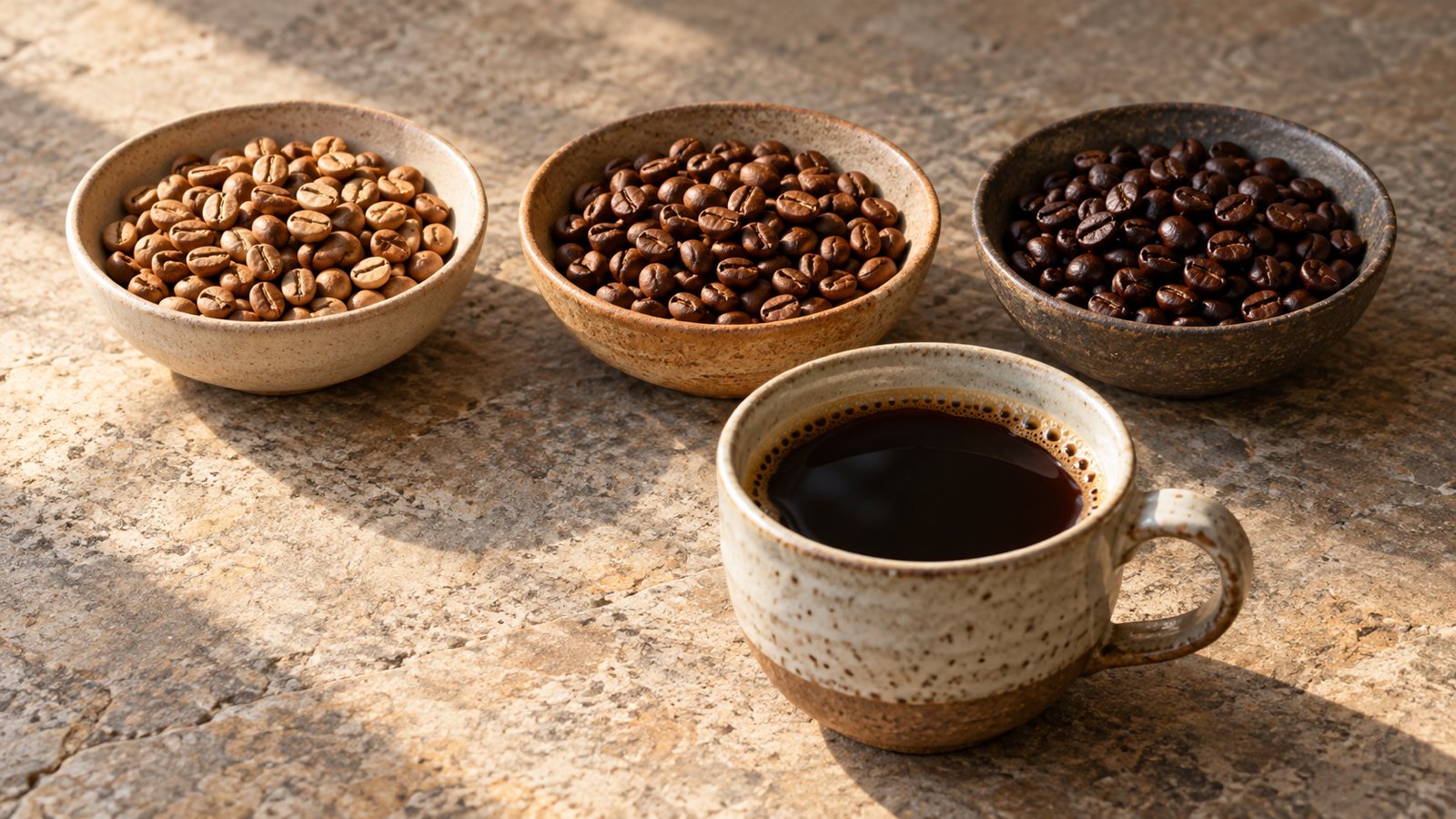 Drei Schalen mit hell, mittel und dunkel gerösteten Kaffeebohnen, davor eine Tasse schwarzer Kaffee