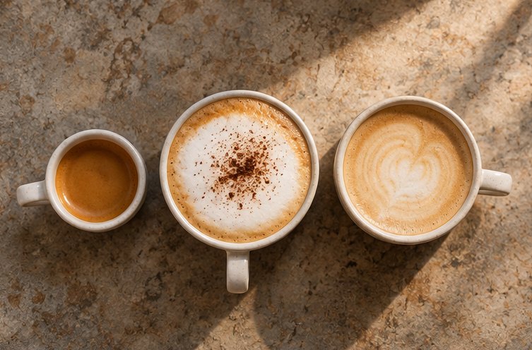 Espresso, Cappuccino und Flat White von oben