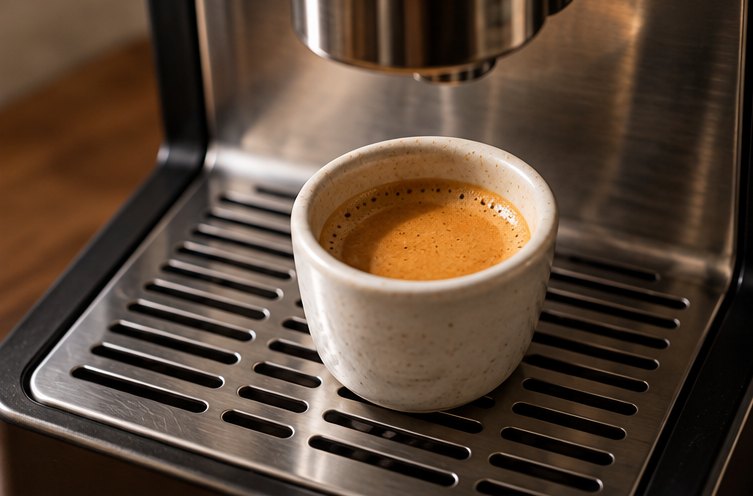Dickwandige Espressotasse auf der Tassenablage einer Maschine