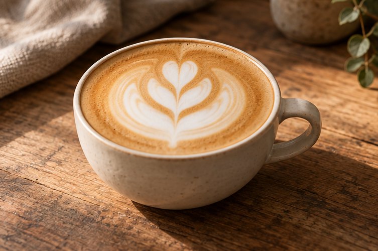Breite, flache Tasse mit Tulpe als Latte Art