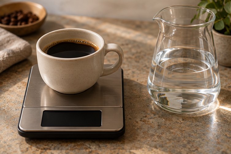 Tasse auf einer Küchenwaage neben einer Wasserkaraffe