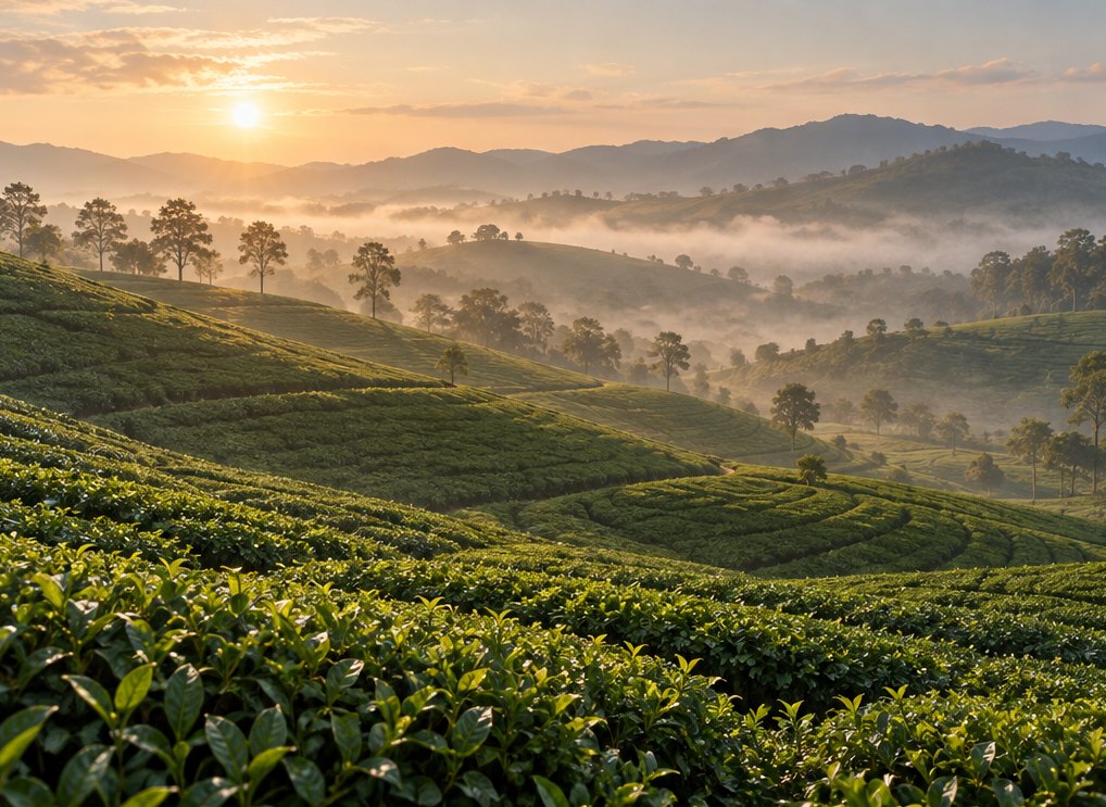 Teeplantage auf Hügeln im Morgennebel