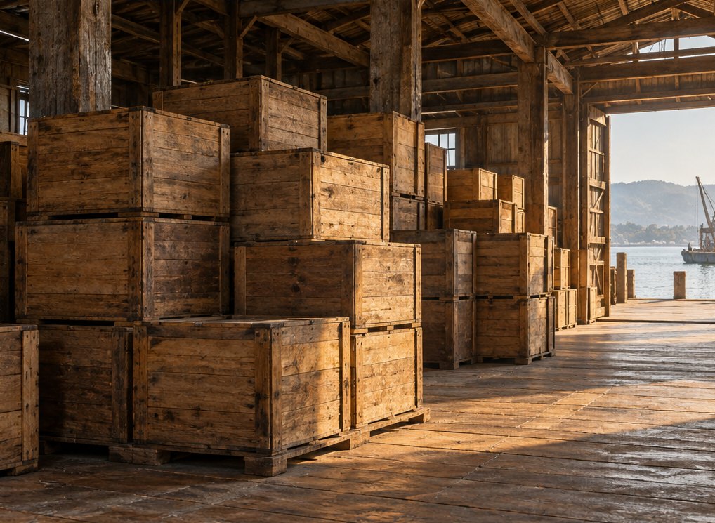 Gestapelte Teekisten aus Holz in einem Hafenlager