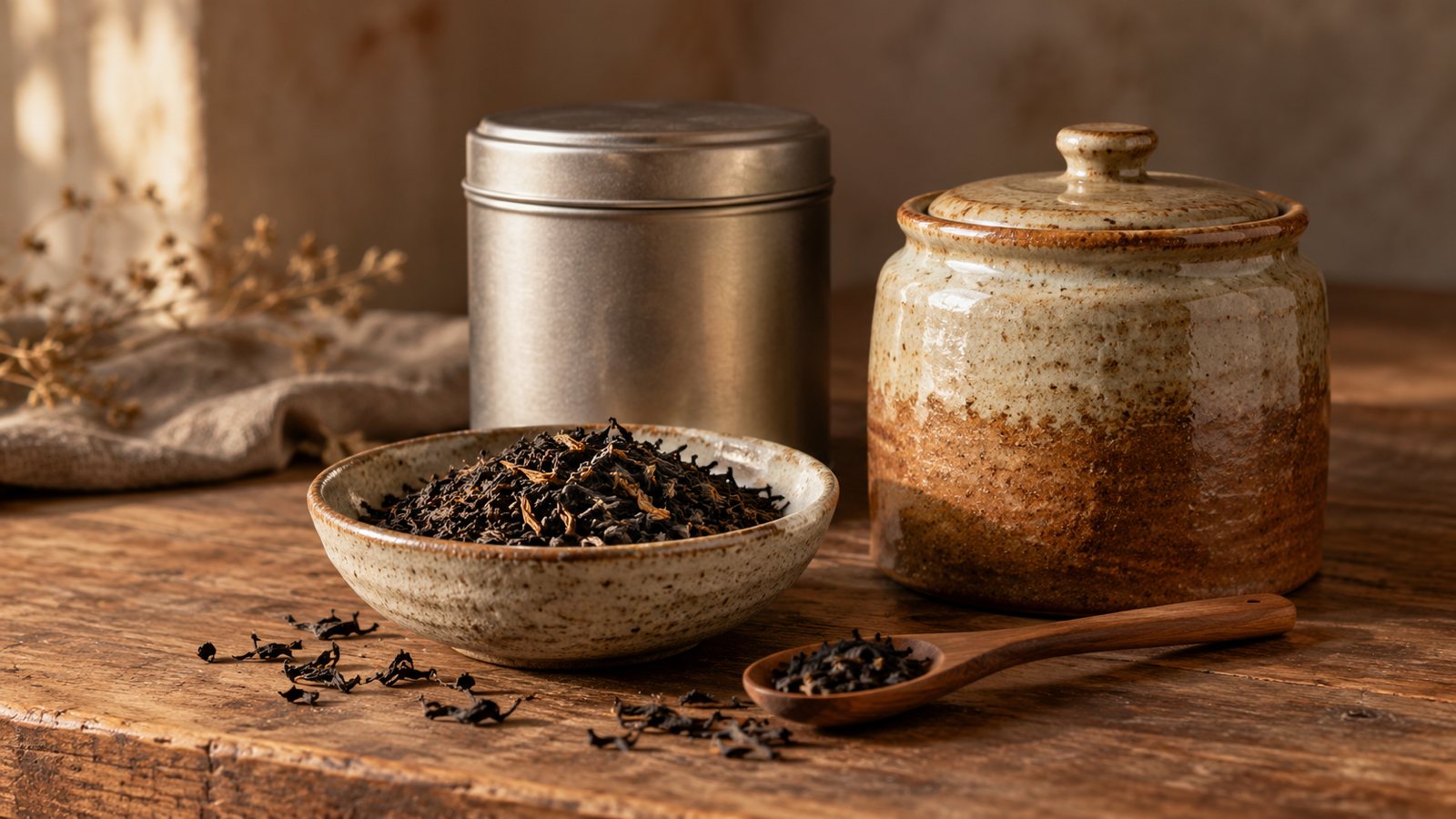 Teedose aus Metall und Teedose aus Keramik, davor eine Schale mit losem schwarzem Tee und ein Holzlöffel