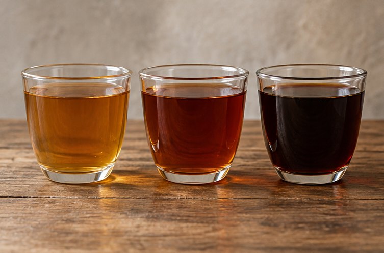 Drei Gläser Schwarztee, von hell bis sehr dunkel