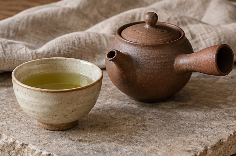 Japanische Teekanne aus Ton neben einer Schale mit hellgrünem Tee