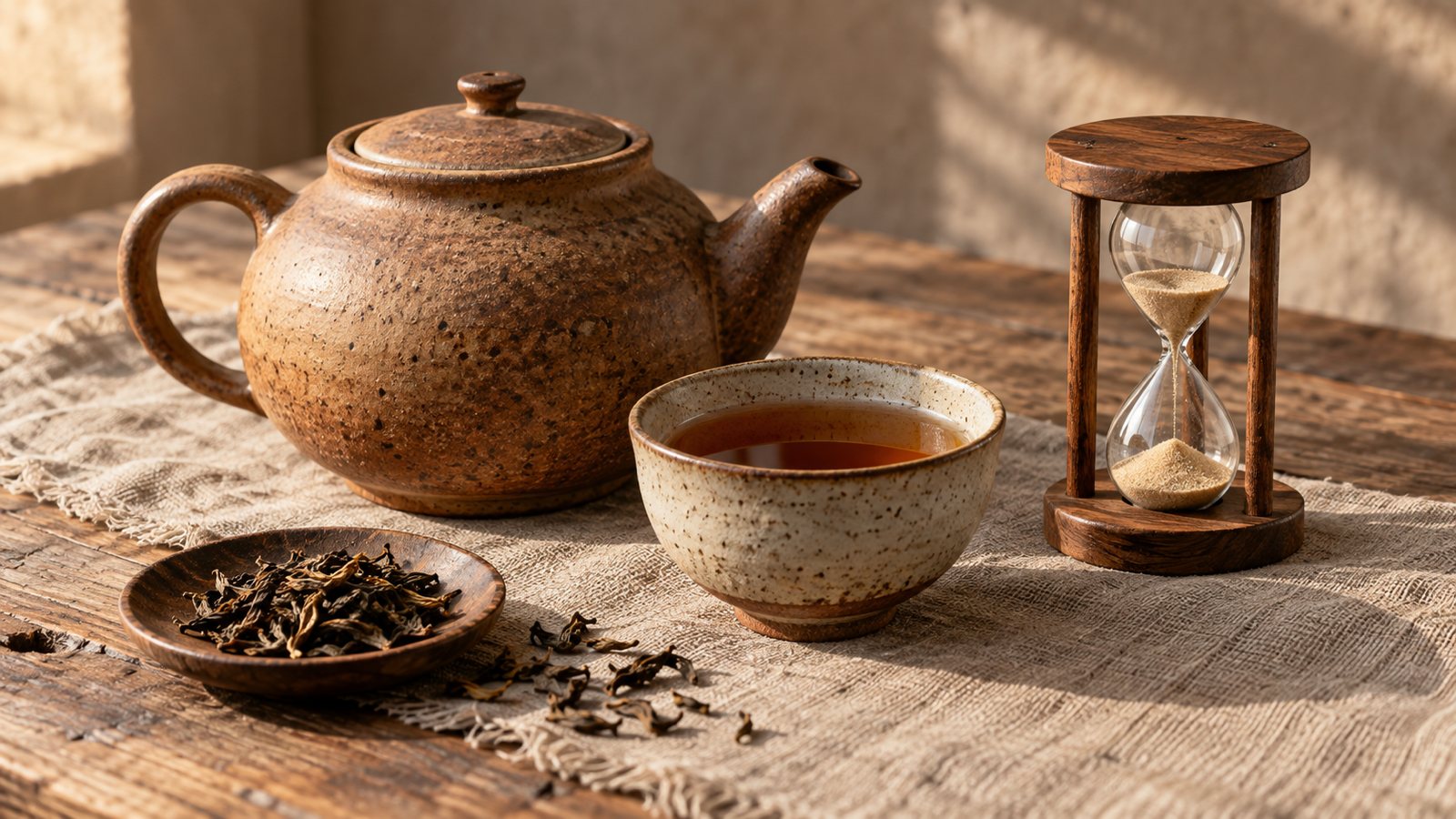 Keramik-Teekanne, Teeschale mit bernsteinfarbenem Tee und eine Sanduhr auf Leinen