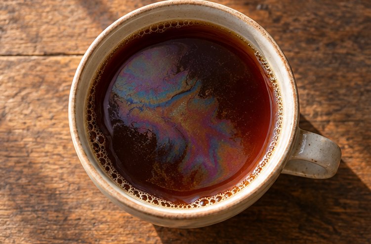 Tasse schwarzer Tee mit schillerndem Film auf der Oberfläche