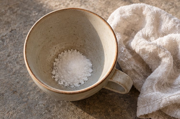 Tasse mit weißem Pulver am Boden neben einem weichen Baumwolltuch