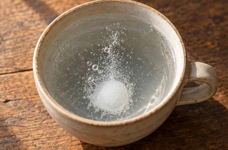 Weiße Tablette sprudelt in einer Tasse voll Wasser