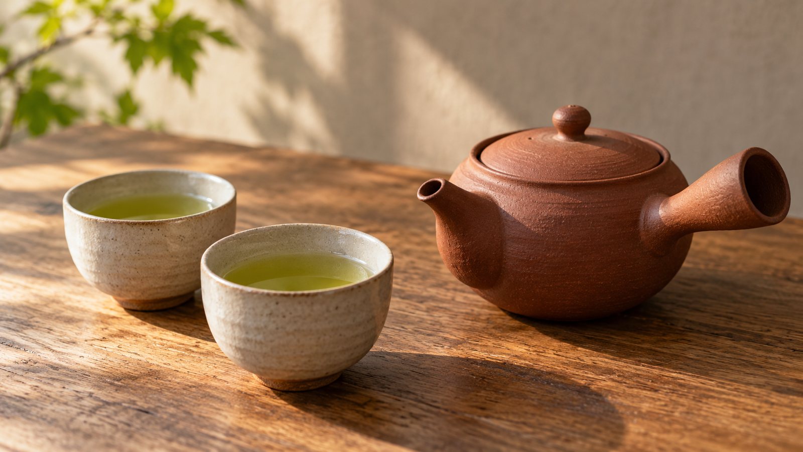 Teekanne aus Ton: glasiert oder unglasiert? Japanische Teekanne aus unglasiertem, rotbraunem Ton mit Seitengriff neben zwei Teeschalen mit grünem Tee