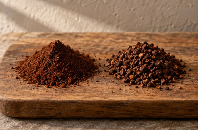 Pulverfein und grob gemahlener Kaffee im Vergleich auf einem Holzbrett
