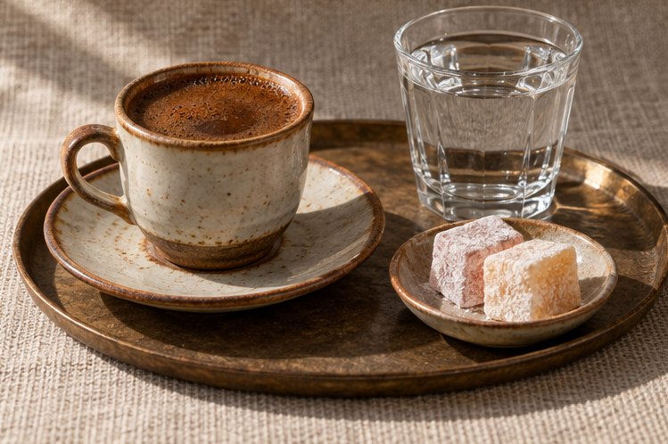 Mokkatasse mit Untertasse, ein Glas Wasser und Lokum auf einem Tablett