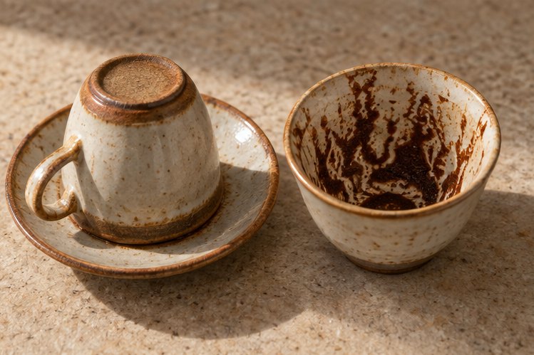 Umgedrehte Mokkatasse auf der Untertasse neben einer Tasse mit Kaffeesatz