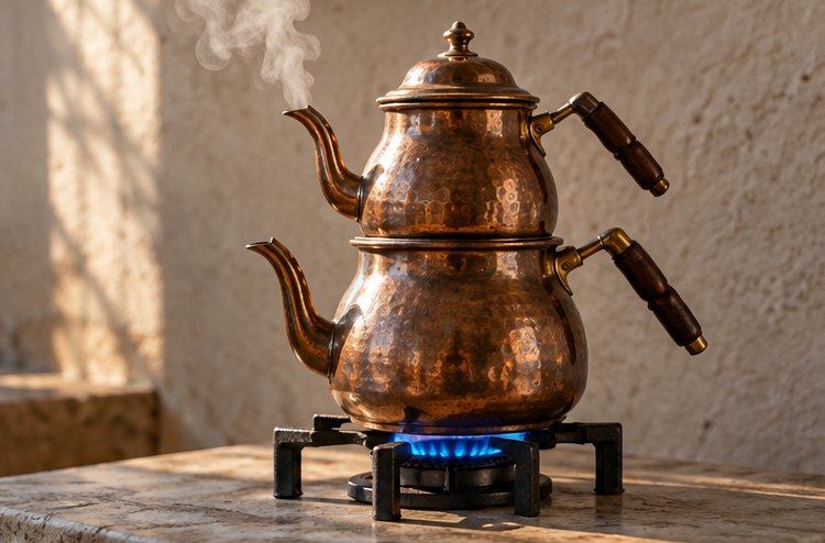 Çaydanlık aus Metall dampft auf einem kleinen Gasbrenner