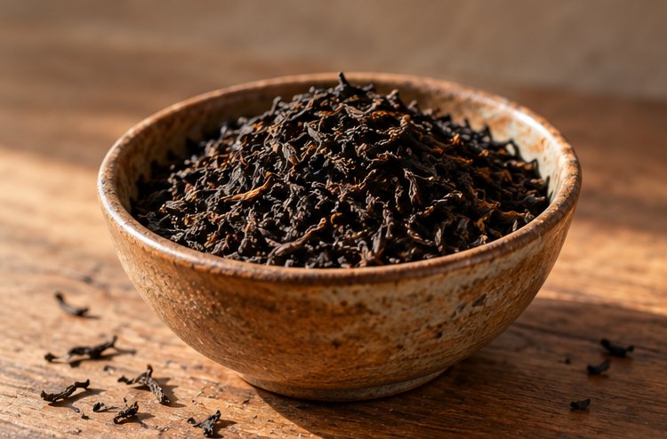 Lose schwarze Teeblätter in einer Keramikschale