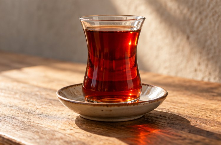 Tulpenförmiges Teeglas mit tiefrotem Tee im Gegenlicht