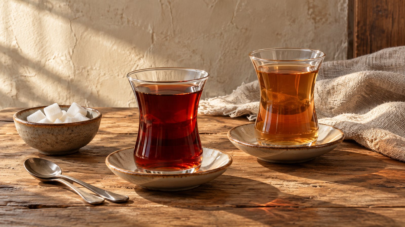 Zwei tulpenförmige Teegläser mit dunklem und hellem türkischem Tee im Gegenlicht