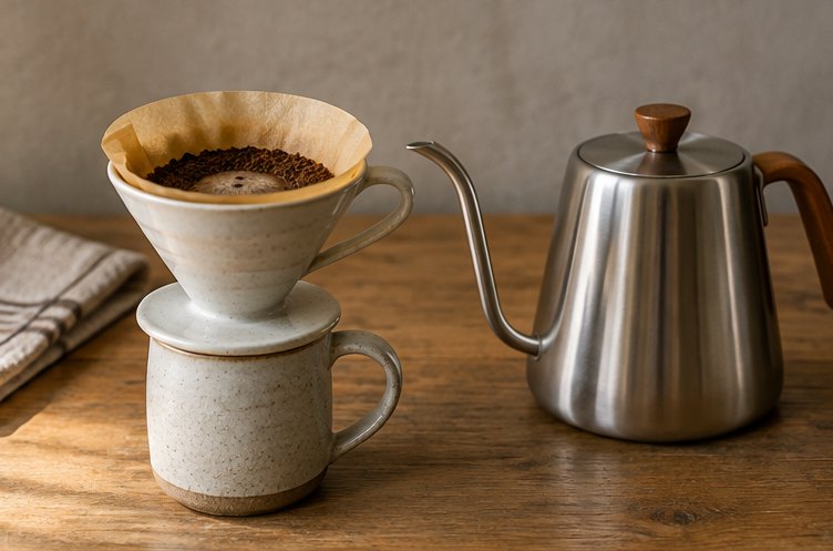 Handfilter aus Keramik mit Kaffeemehl auf einer Tasse, daneben ein Wasserkessel