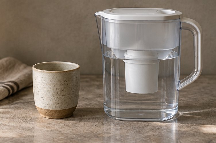 Wasserfilterkanne neben einem Keramikbecher