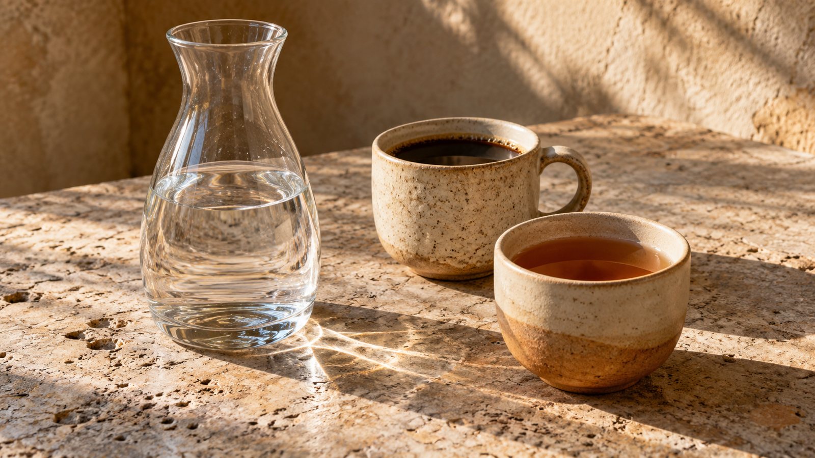 Welches Wasser eignet sich für Kaffee und Tee? Glaskaraffe mit Wasser neben einer Tasse Kaffee und einer Tasse Tee auf Stein