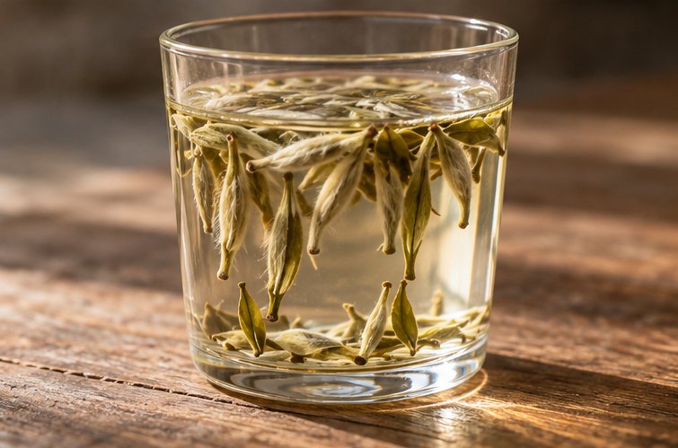 Glas mit heißem Wasser, in dem aufgequollene Teeknospen senkrecht schweben