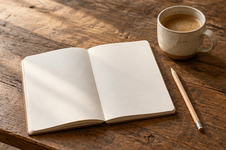 Aufgeschlagenes Notizbuch, Bleistift und Kaffeetasse auf einem Holztisch