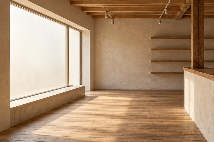 Leeres Ladenlokal mit großem Schaufenster und Holzboden