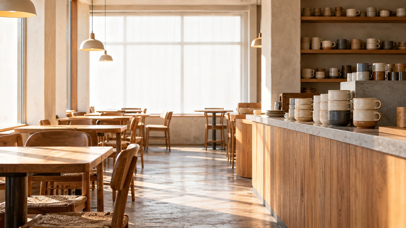 Leerer, heller Caféraum mit Holztischen und gestapelten Tassen am Morgen